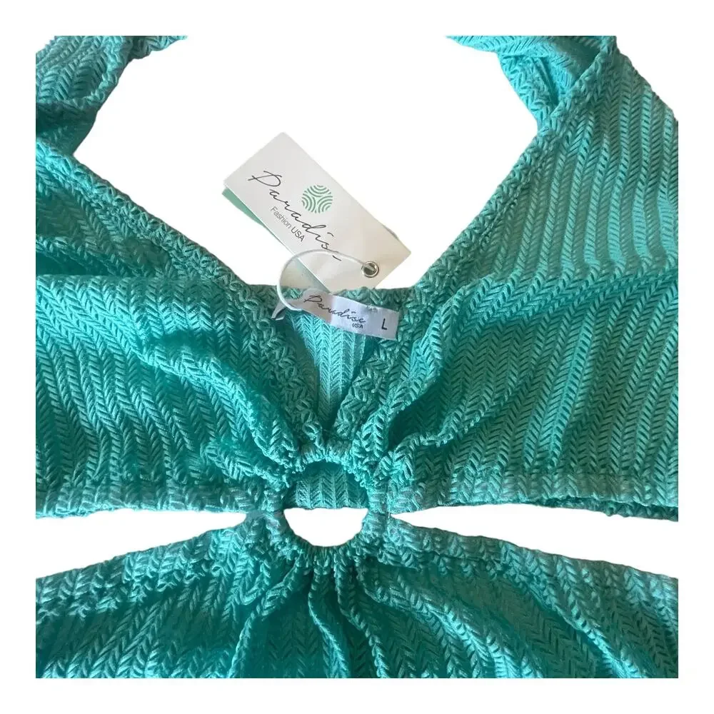 NEW Cut Out Crochet Beach COVER UP DRESS Teal Green Bodycon LG Plunge Halter